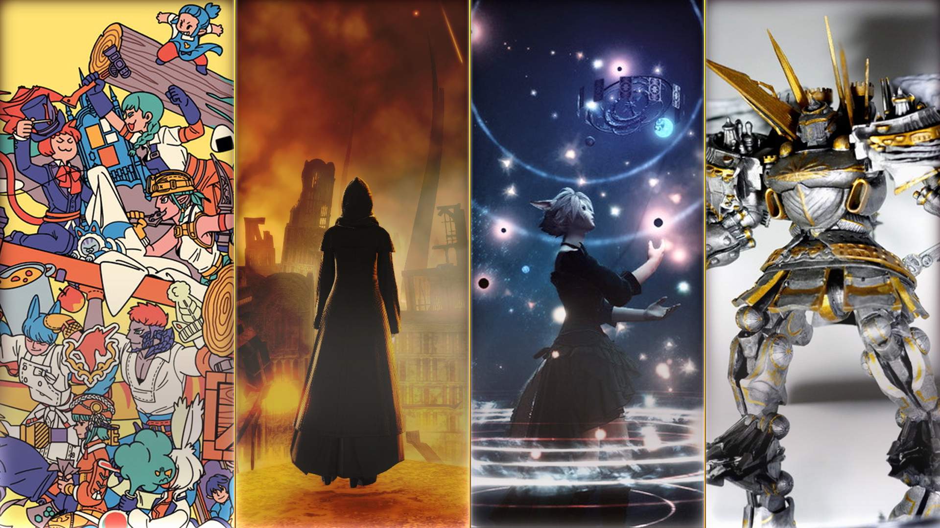 Vier Final Fantasy 14-Artworks verschiedener Medien. Eine Illustration zahlreicher Charaktere, zwei Screenshots und eine handgemachte Figur in silberner Rüstung sind zu sehen.